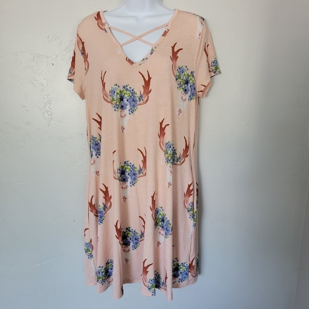 Light Pink Dress Boho Floral Skull Boho Auditions Women's Medium Criss Cross